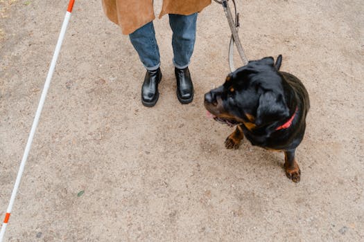 A person training their service dog in a park